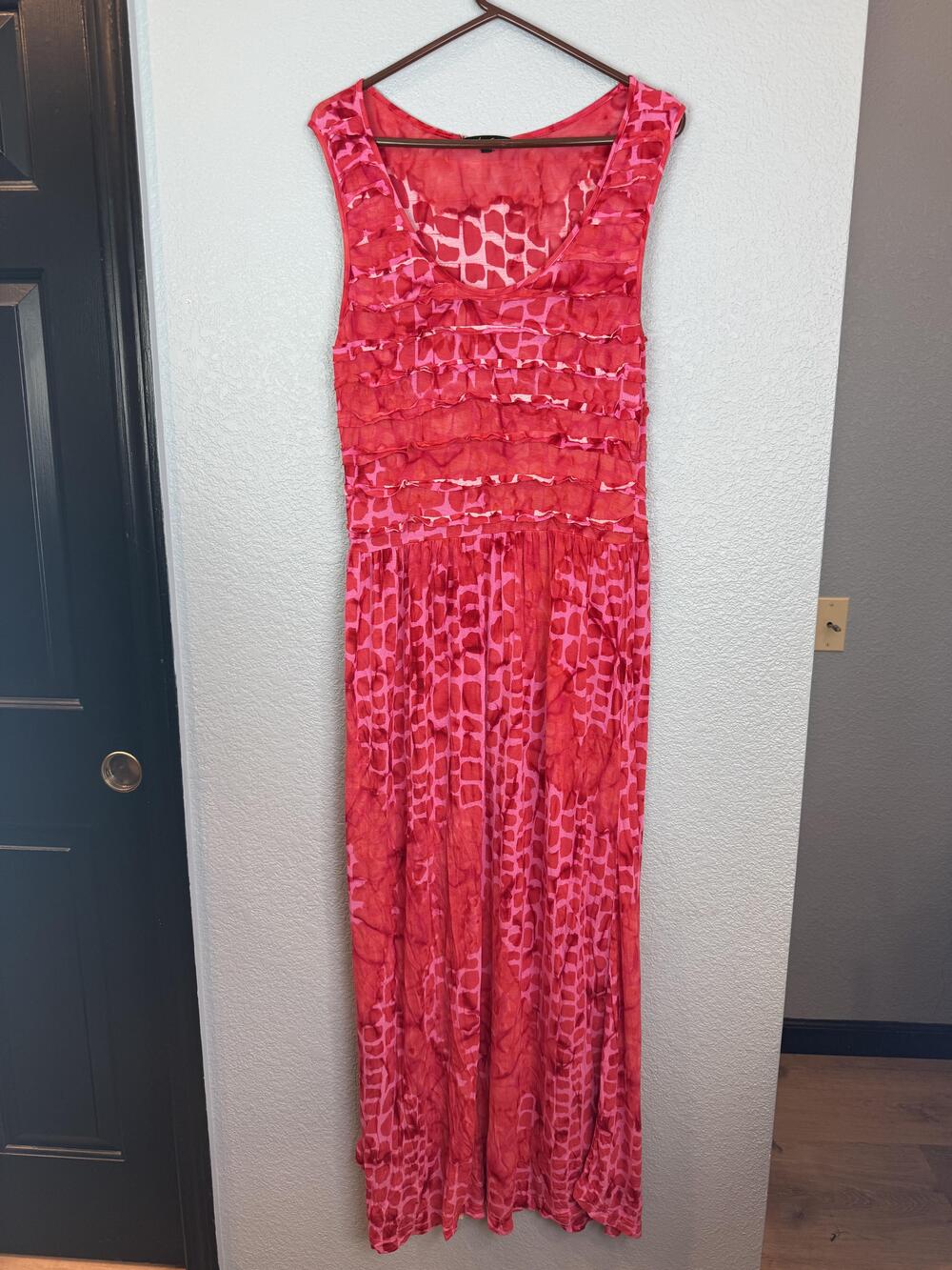 Dunia Dress Womens Medium Pink Red Sleeveless Maxi Ruched Boho Geometric Print
